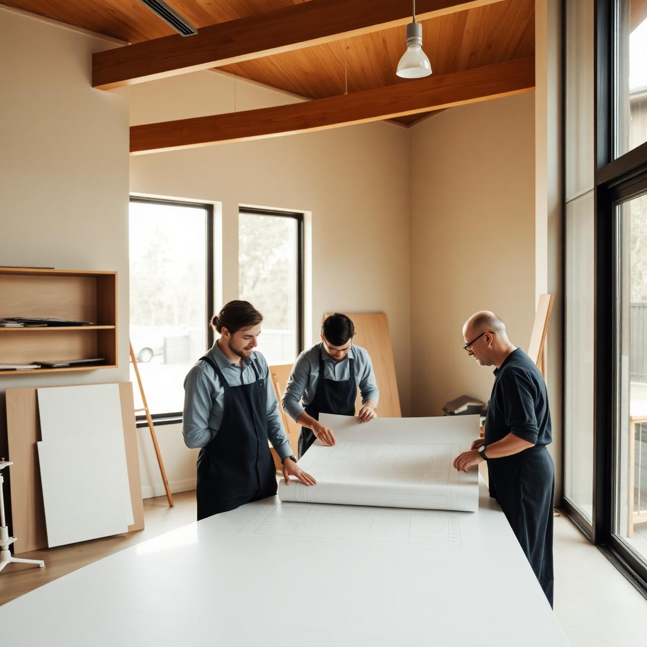 Virarc team reviewing architectural plans in the studio